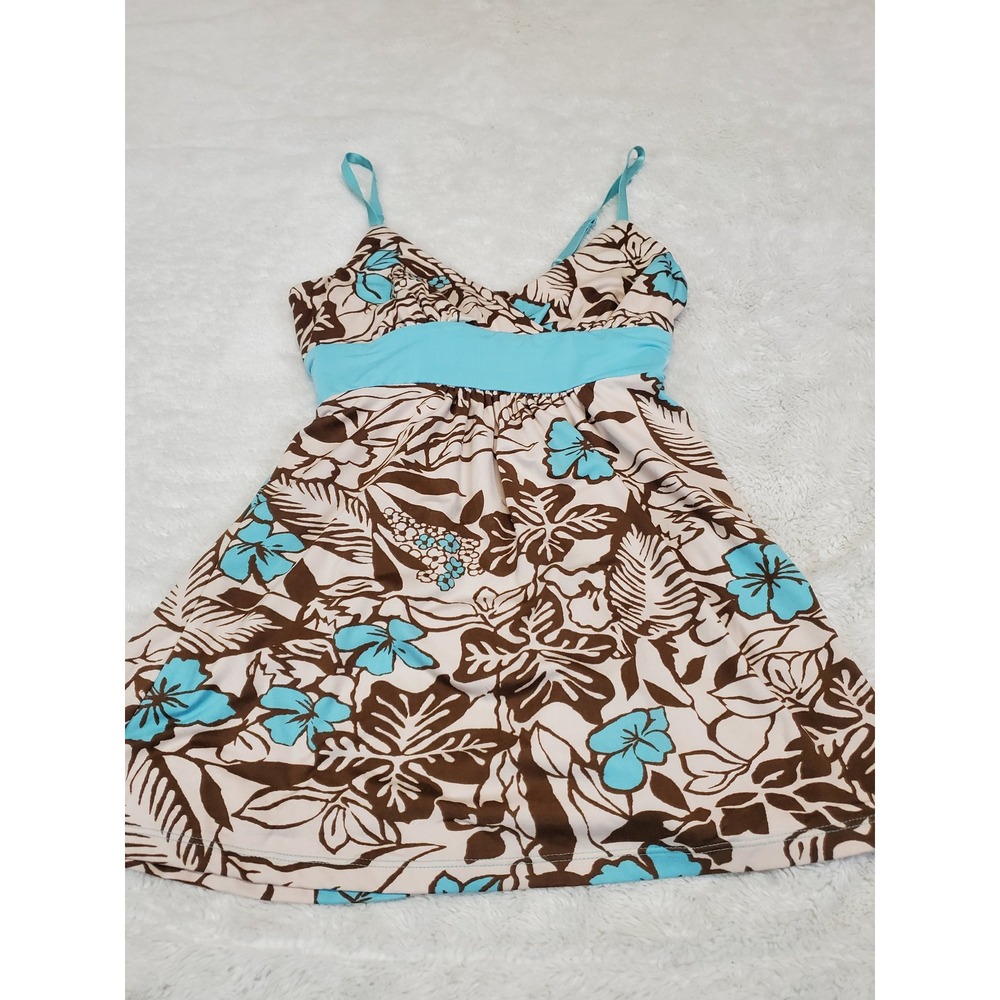 Vintage Cream Brown Blue Tropical Floral Babydoll Tank Top Junior Small y2k